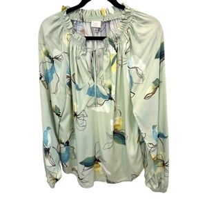 A New Day Green Floral Long Sleeve Smocked Neck & Cuffs Top Size Small